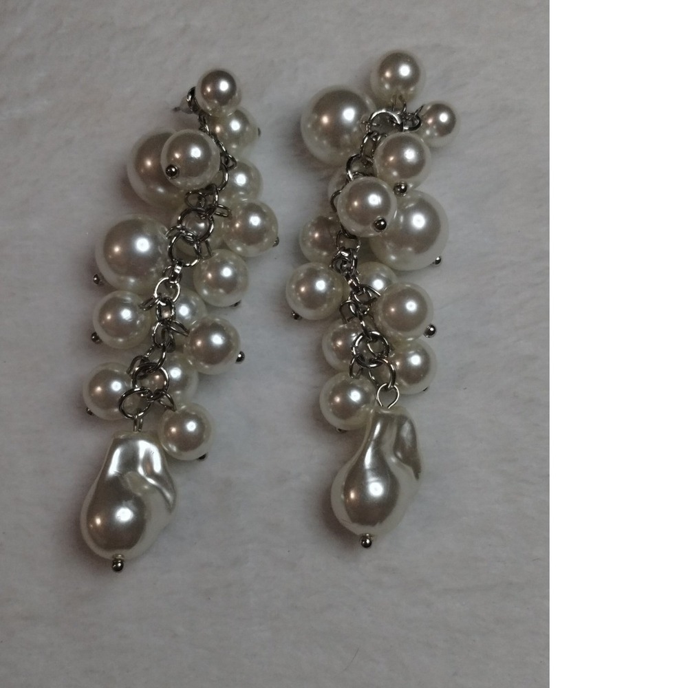 White Faux Pearl Cluster Dangle Earrings Silver Tone Bridal Wedding Chandelier